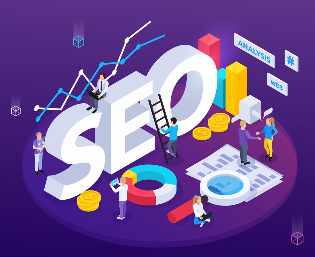 Ilustración de la palabra SEO con gráficos de crecimiento y una lupa sobre un informe, sobre cómo elegir una agencia SEO en Chile