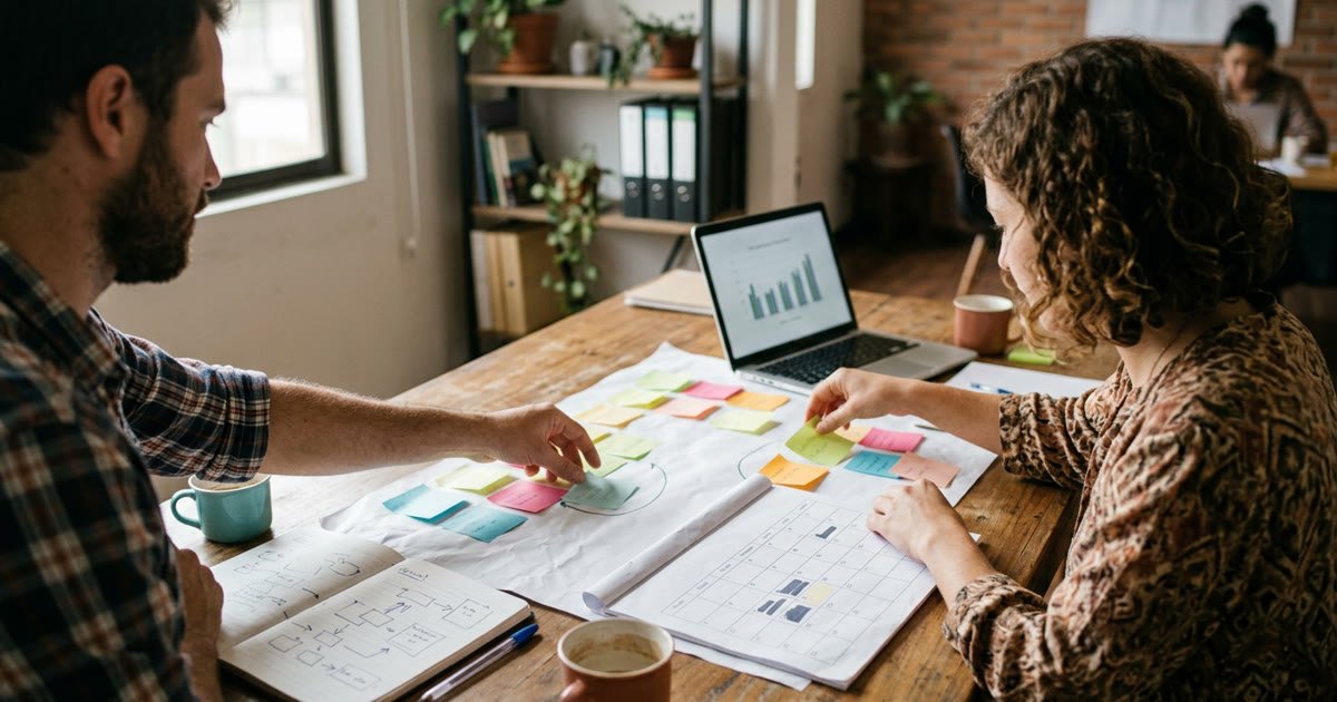 Dos personas planifican la estrategia de marketing en una mesa con notas adhesivas, un calendario y un gráfico de ventas en el laptop