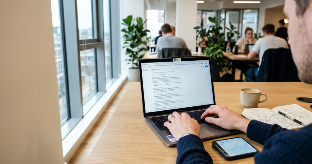 Persona trabajando en un laptop con la búsqueda de Google abierta y un gráfico de tráfico web en el celular